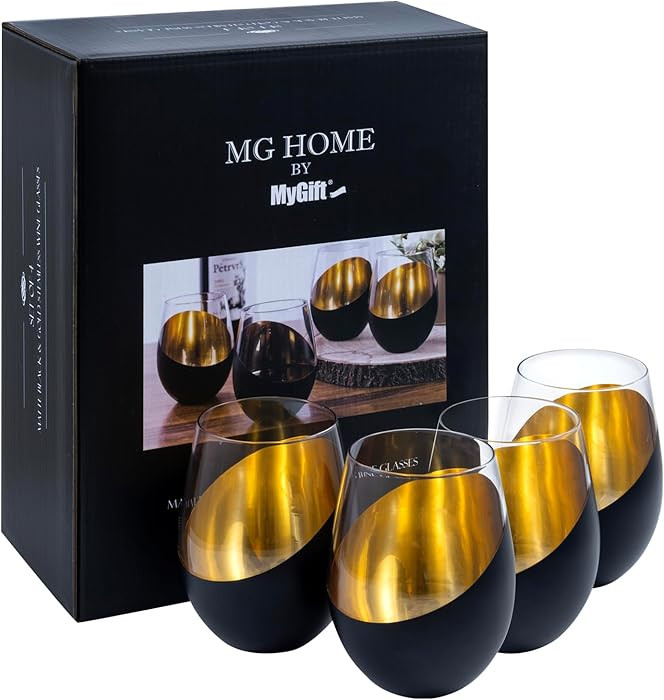 MyGift Black and Gold Stemless Wine Glasses Set of 4 - Elegant Christmas Gift Set with Luxe Metal... | Amazon (US)