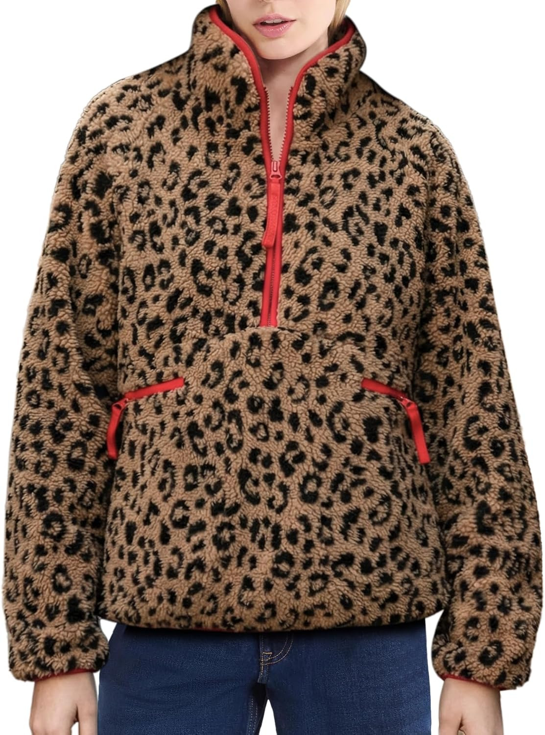 Fuzzy Half Zip Fleece Jacket Women Long Sleeve Sherpa Pullover Sweatshirt Casual Warm Winter Chunky Teddy Outerwear | Amazon (US)
