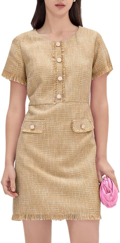 Womens Summer Tweed Dress Short Sleeve Crew Neck Tassels Elegant Casual Work Loose A Line Mini Dr... | Amazon (US)