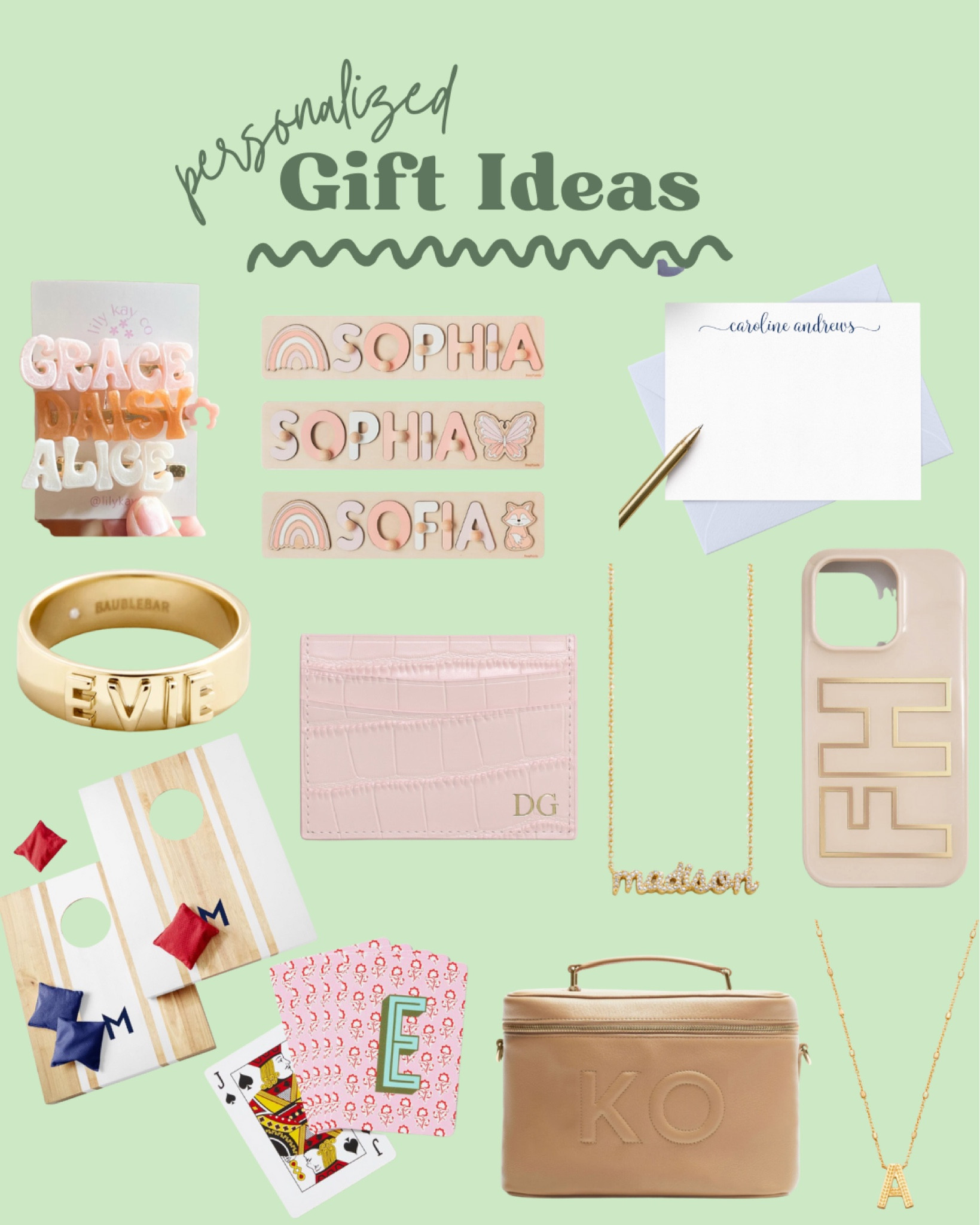 Personalized gift ideas, acrylic barette, hair clip, wooden name puzzle, stationary, gold ring, wallet, name necklace, phone case, cornhole, playing cards, makeup bag, initial necklace 

#LTKSeasonal #LTKHoliday #LTKGiftGuide
