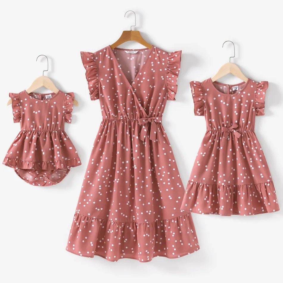 All Over Dots Pink Cross Wrap V Neck Ruffle Flutter-sleeve Dress for Mom and Me | PatPat
