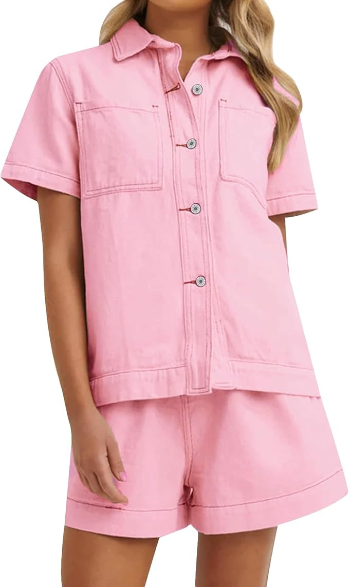 Conjunto de verano de mezclilla Kedera para mujer, 2 piezas, camisa de manga corta holgada y pant... | Amazon (US)