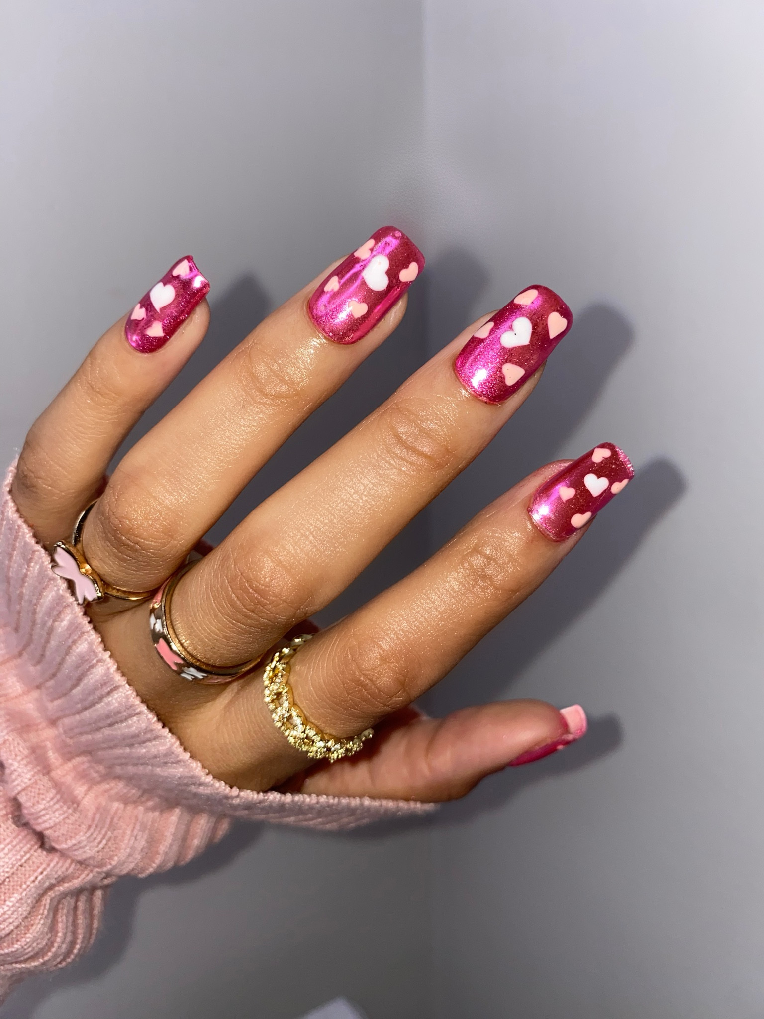 Pink chrome Valentine’s Day nails, pink & white hearts, Modelones gel polish

#LTKbeauty #LTKGiftGuide #LTKFind
