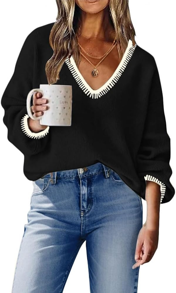 Womens Long Sleeve V Neck Sweaters Off Shoulder Knit Tops Casual Lightweight Pullover Sweater | Amazon (US)