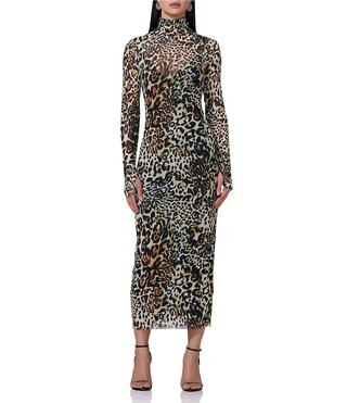 Shailene Animal Printed Mesh Turtleneck Long Sleeve Midi Dress | Dillard's