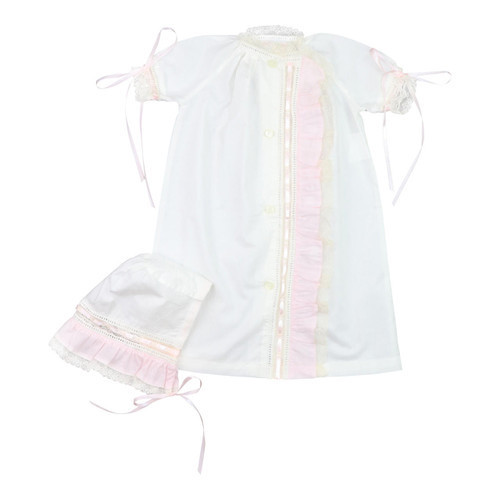 Ivory And Pink Lace Baby Gown And Bonnet | Cecil and Lou