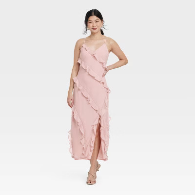 Women's Ruffle Maxi Slip Dress - A New Day™ Light Pink M: Sleeveless V Neck, Spaghetti Straps, Midweight Woven Fabric | Target