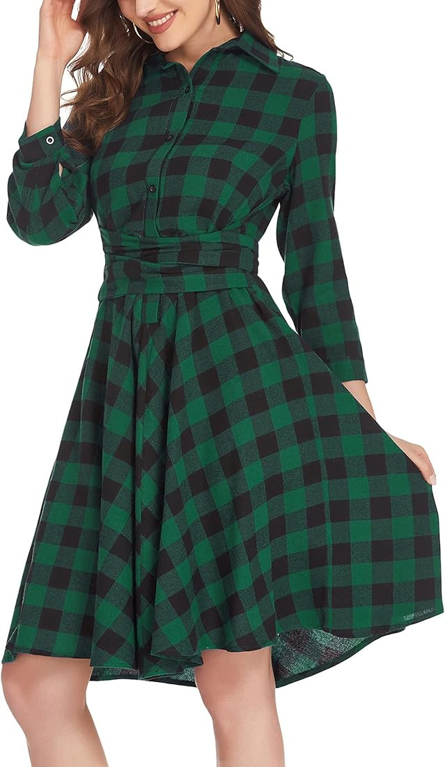Chigant Women's Plaid Dress Flannel Dress 3/4 Sleeve Button Down Checker Shirt Casual Dress with ... | Amazon (US)
