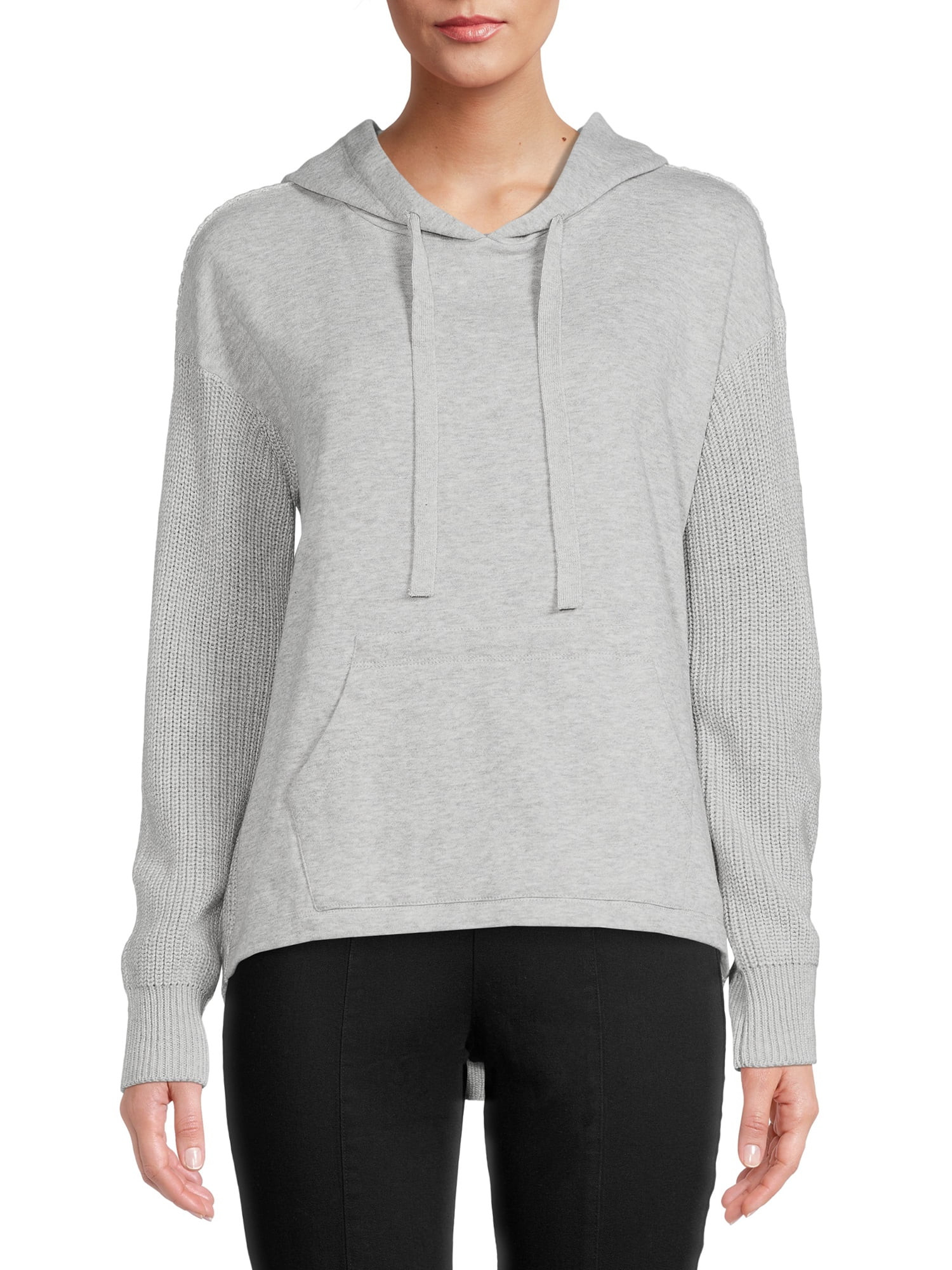 Time and Tru Women's Long Sleeve Mixed Media Pullover Hoodie - Walmart.com | Walmart (US)
