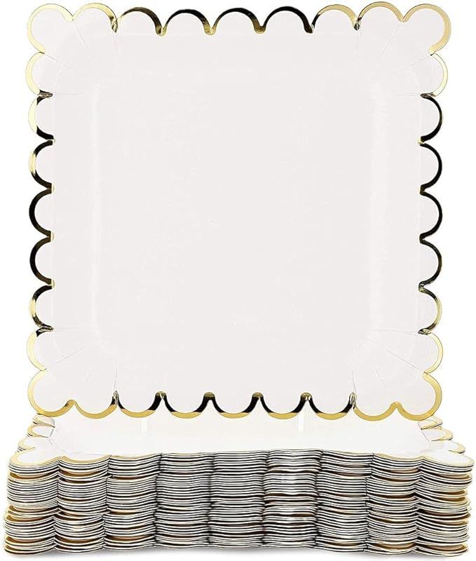 Juvale 48-Count White Square Paper Party Plates with Gold Foil Scalloped Edge, 7 Inches | Amazon (US)