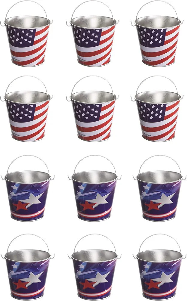 Windy City Novelties Bulk 12 Pack Fourth of July Patriotic Metal Buckets | Red, White & Blue Part... | Amazon (US)
