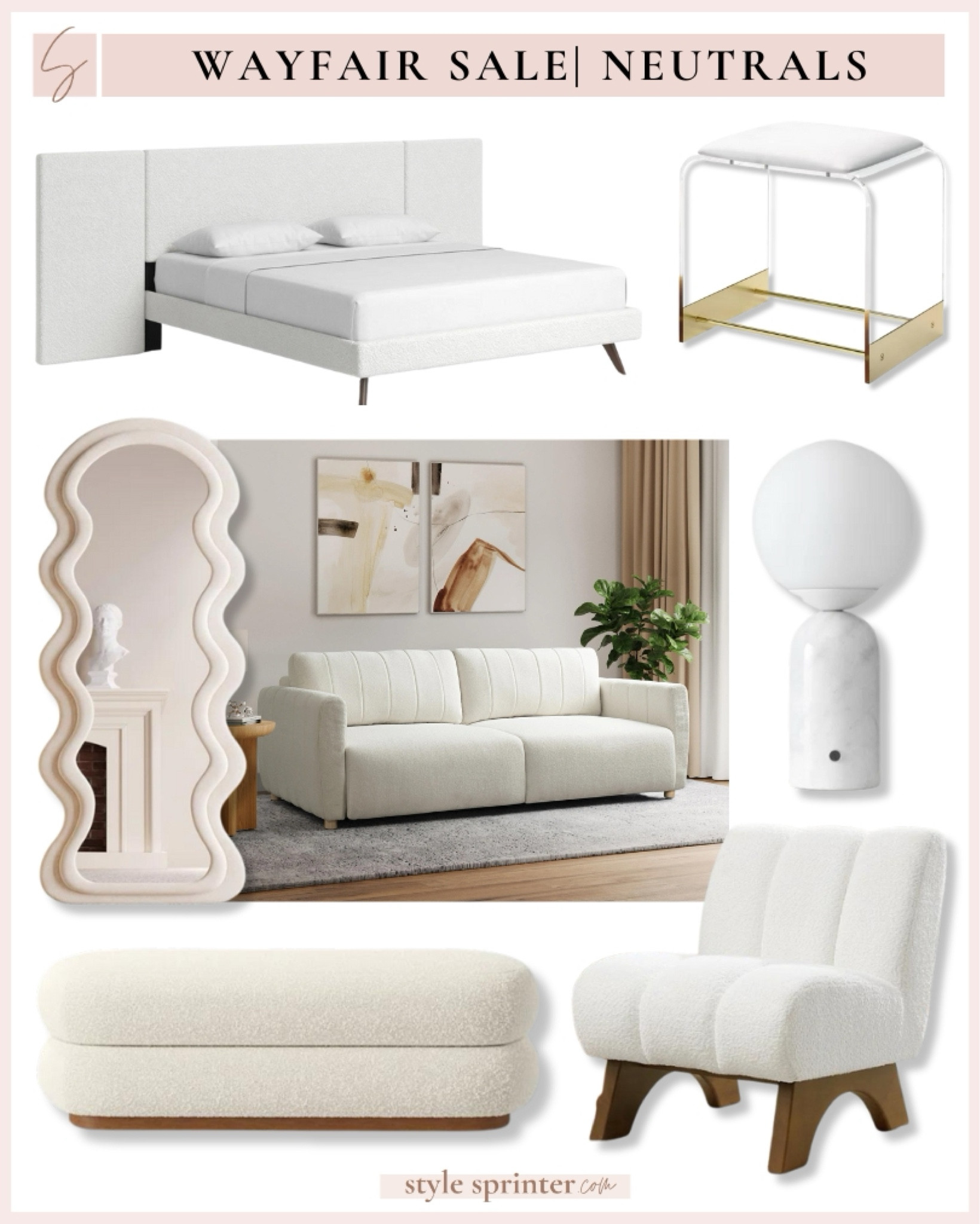 White and neutral furniture finds from Way Day Sale 2024! White boucle ottoman, boucle bed, boucle sofa, and acrylic gold vanity stool ✨ 

#LTKHome