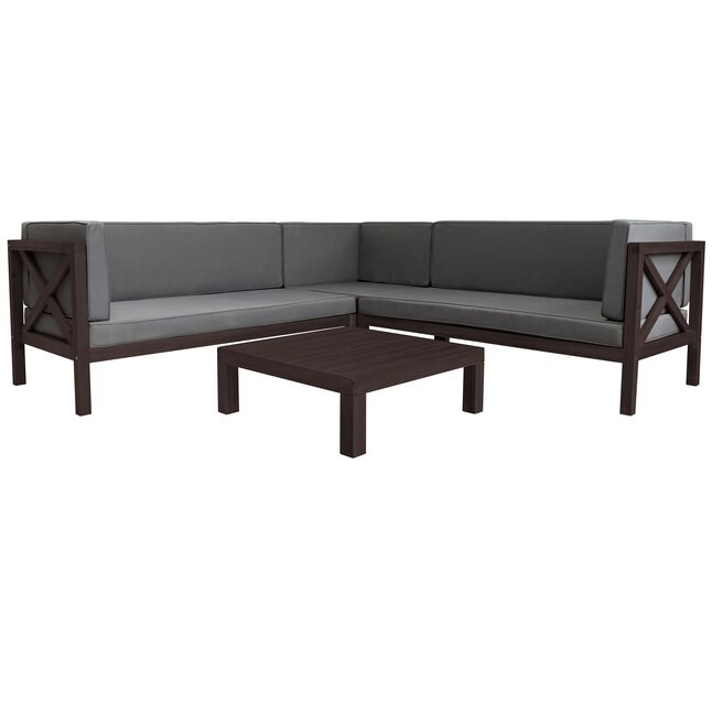 Flynama Dark Brown Wood Outdoor Sectional Set with Gray Cushions | Lowe's