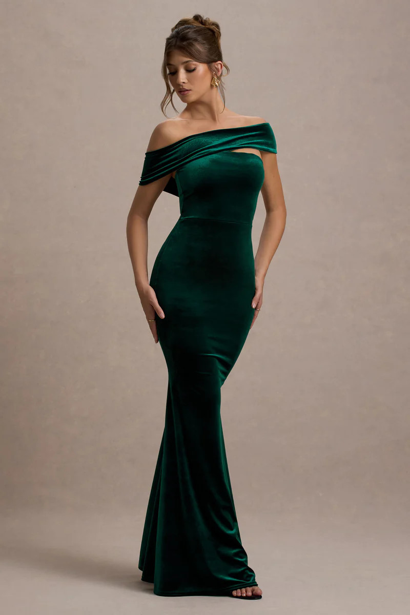 Candela | Bottle Green Velvet Asymmetric Bardot Maxi Dress | Club L London