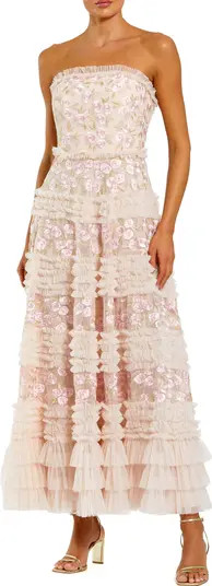 Floral Embroidered Strapless Ruffle Midi Dress | Nordstrom