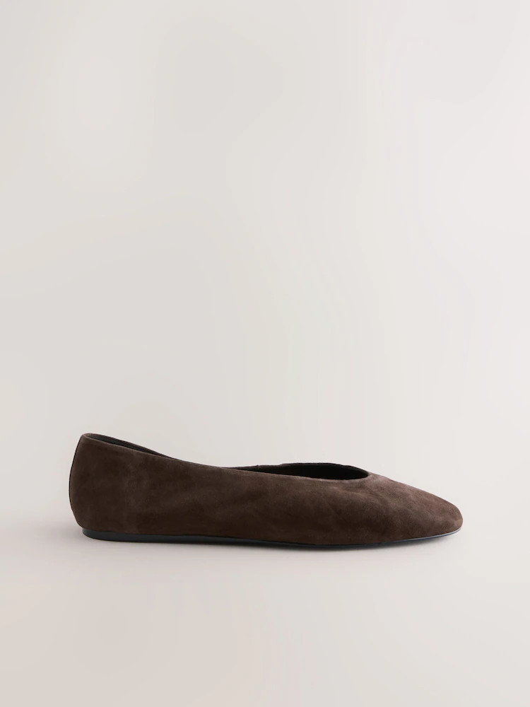 Chocolate Brown Suede Standard/Wide Fit Leather Round Toe Ballerinas | Next EU