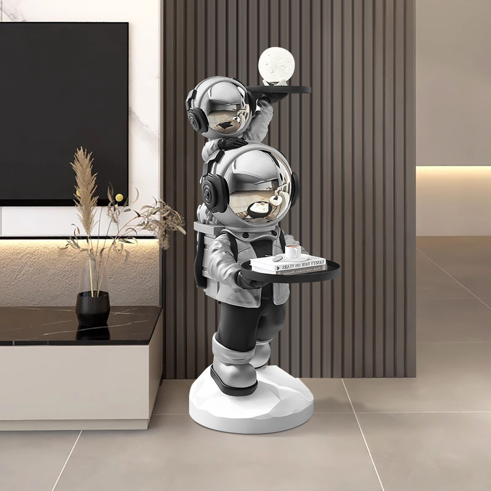 Silver Astronaut Side Table Floor Sculpture Modern End Table with Tray Top | Homary