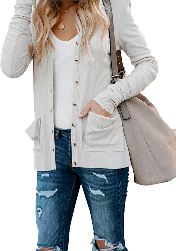 Naggoo Women's Cardigans Button Down Solid Knit Loose Cardigans with Pockets | Amazon (US)