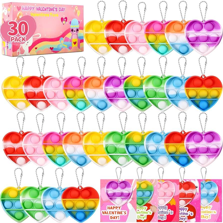 30Pack Valentines Cards for Kids Classroom with Heart Pop Bubble Fidget Keychain Toys, Bulk Prize... | Amazon (US)