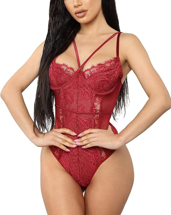 Aranmei Women Sexy Eyelash Lace bodysuit Snap Crotch Teddy Lingerie | Amazon (US)