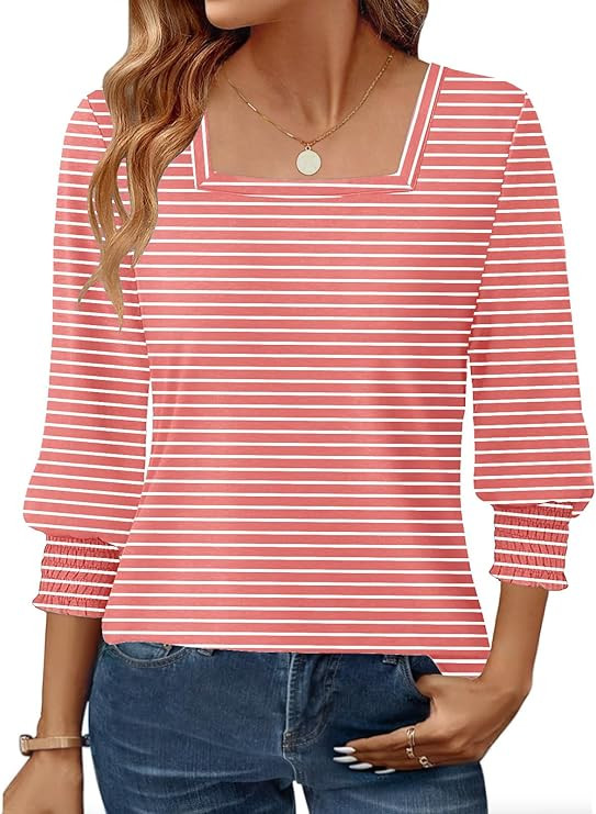 Womens 3/4 Sleeve Shirts Square Neck Dressy Casual Blouses Spring Summer Smocked Cuffs Tops | Amazon (US)