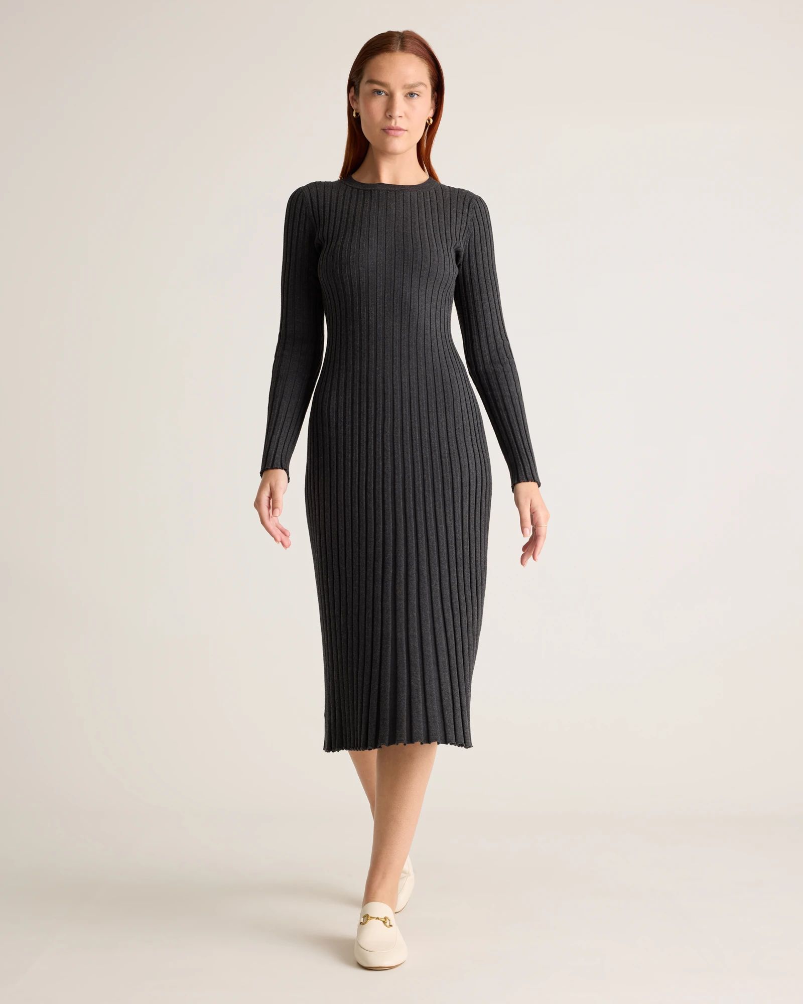 Cotton Cashmere Ribbed Long Sleeve Crew Midi Dress | Quince