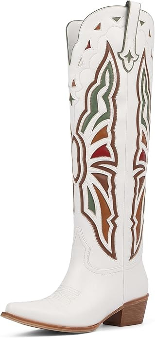 Cowboy Boots for Women Knee High Chunky Heel Butterfly Cowgirl Boots Wide Calf Pointed Toe Chunky... | Amazon (US)