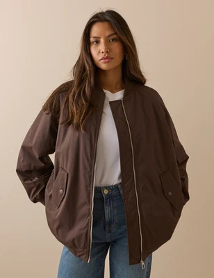 Chocolate Brown Longline Oversized Bomber Jacket | Nobody's Child