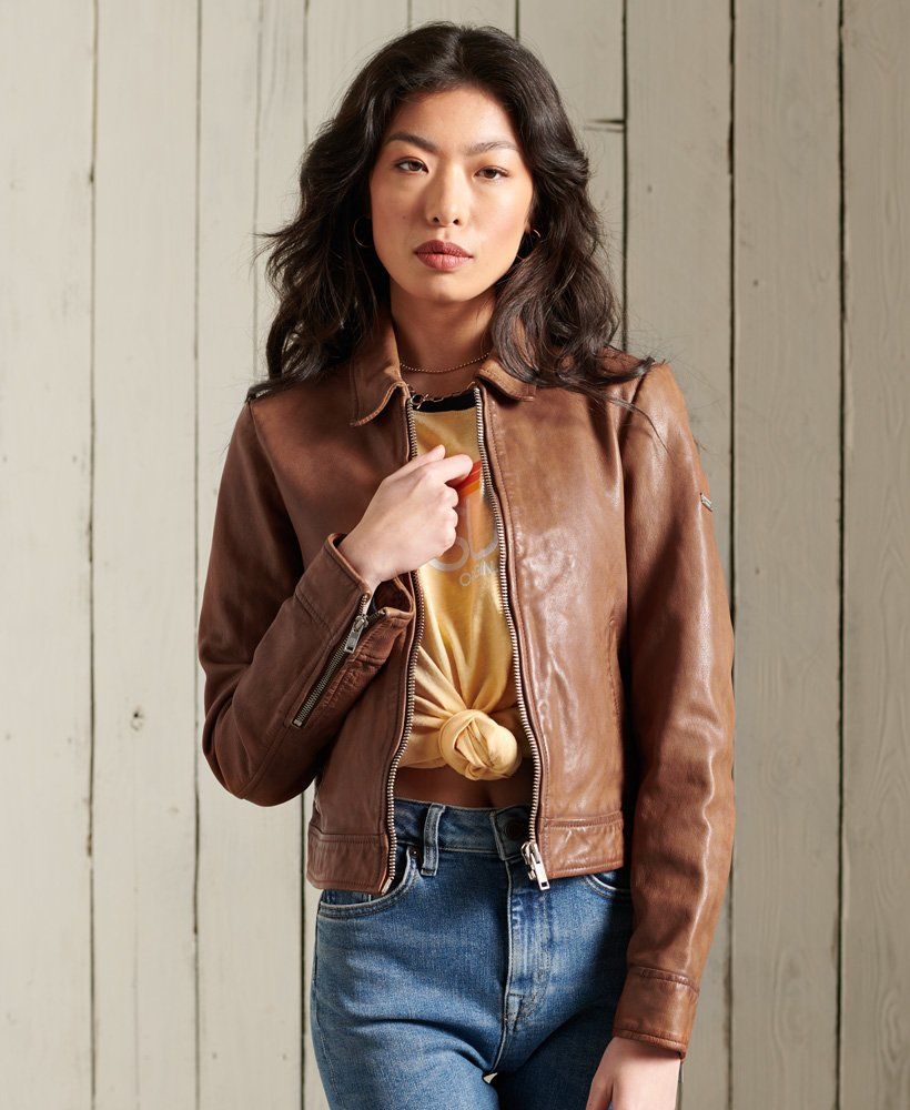 Womens - Cropped Leather Harrington Jacket in Camel | Superdry | Superdry (UK)