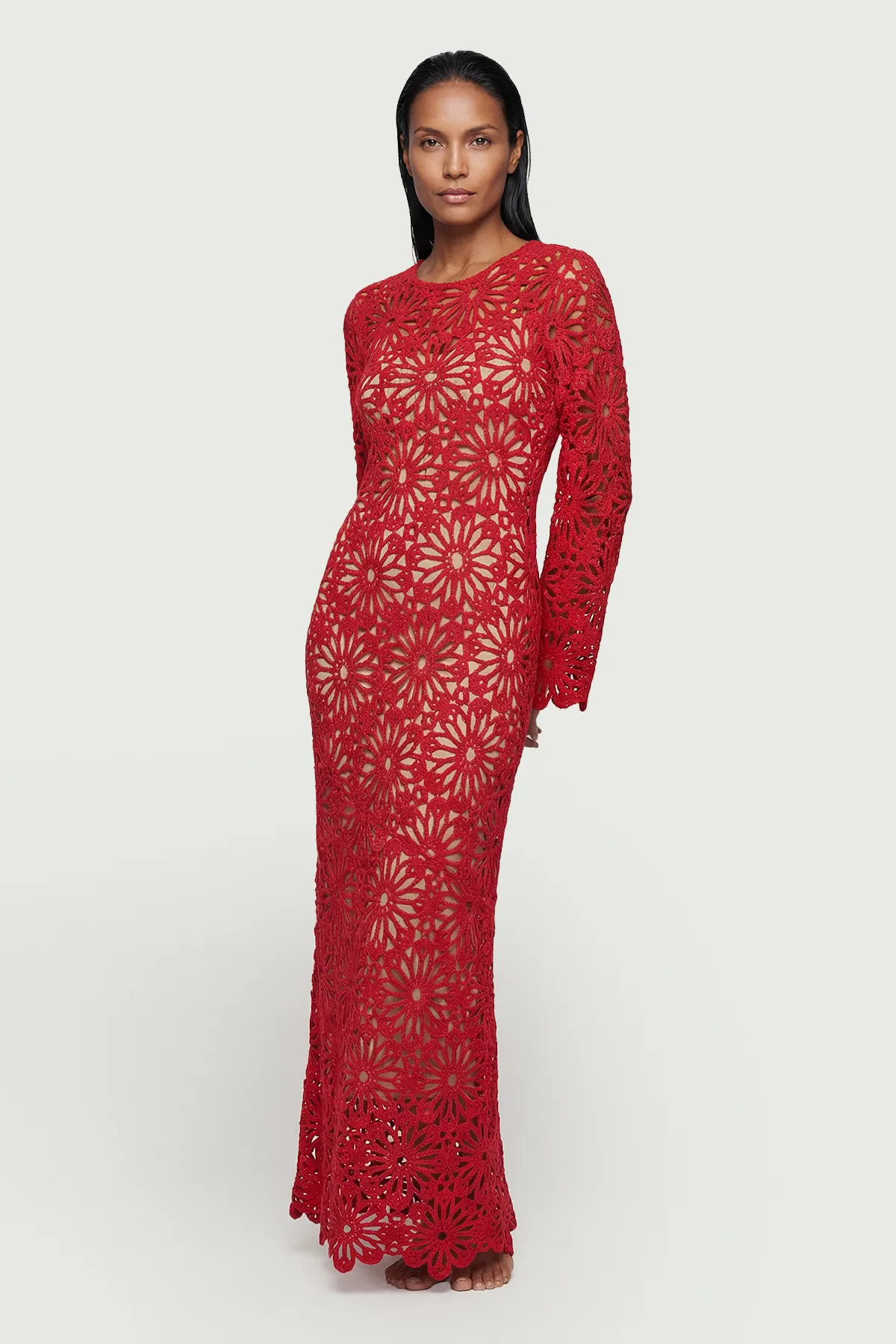 Red Floral Crochet Woven Backless Maxi Beach Dress | Karen Millen | Karen Millen UK + IE + DE + NL