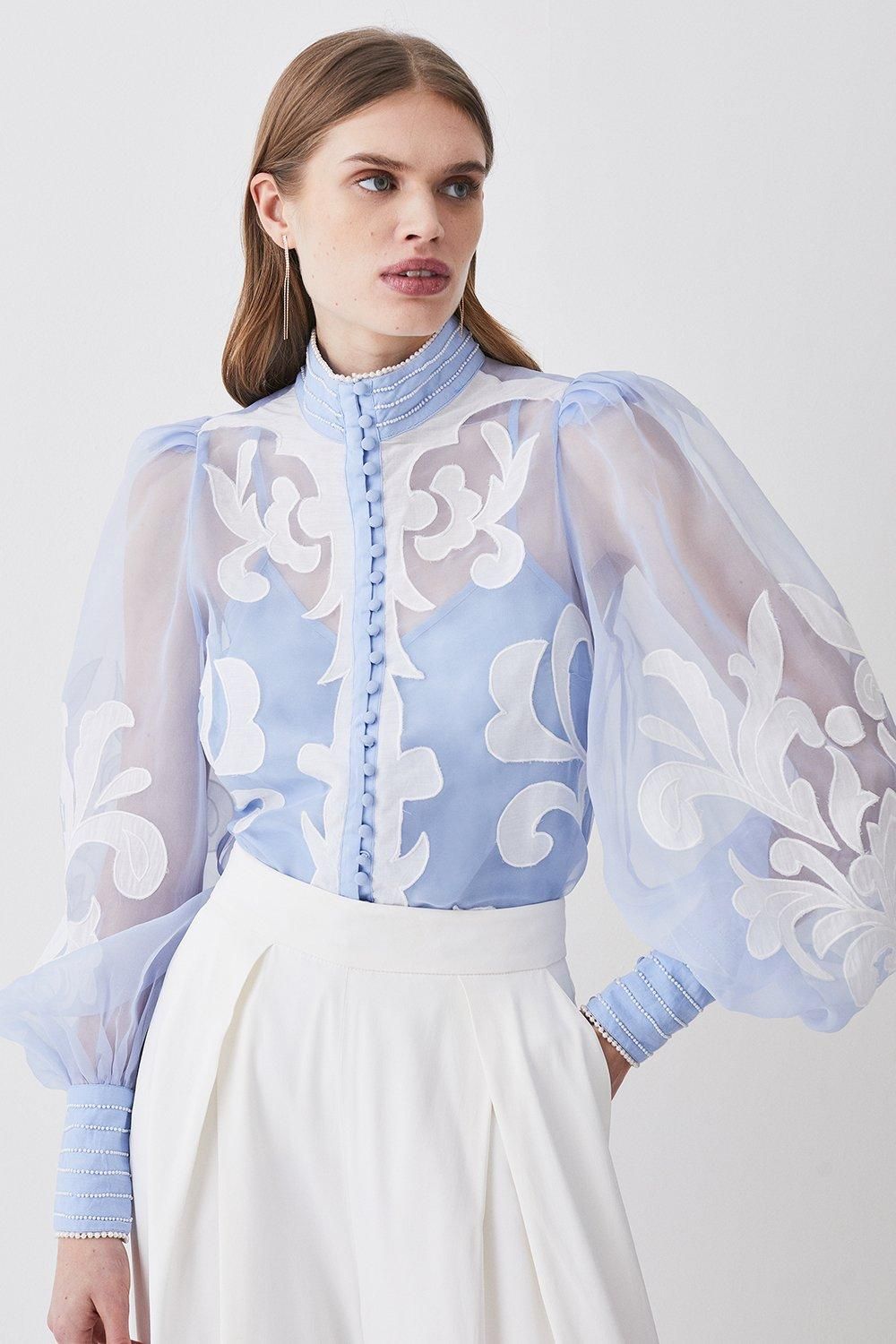 Organdie Applique Buttoned Woven Blouse | Karen Millen US