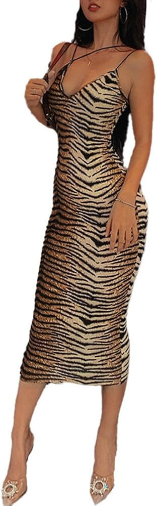 Women's Sexy Striped Tiger Print Asymmetrical Spaghetti Strap Dress Deep V-Neck Sleeveless Bodyco... | Amazon (US)