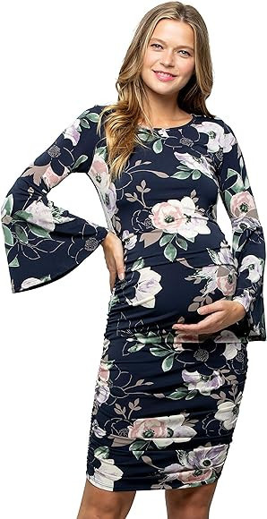 My Bump Women's Maternity Dress - Printed Fitted Stretch Bell Sleeve W/Ruched | Amazon (US)