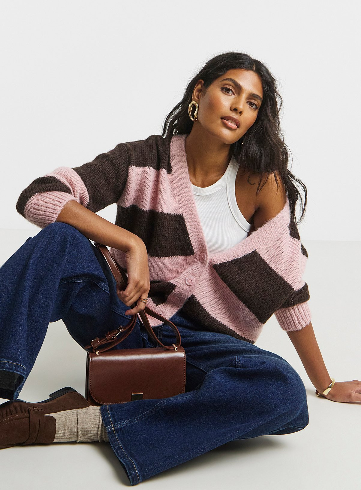 SIMPLY BE Fluffy Overstitch Boyfriend Cardigan Stripe | Tu Clothing