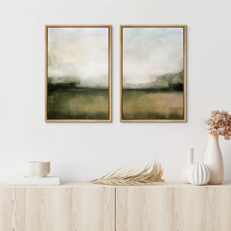 Minimal Landscape Watercolor Green Abstract Ocean Nautical Framed 2 Pieces Canvas Print Wall Art | Wayfair North America