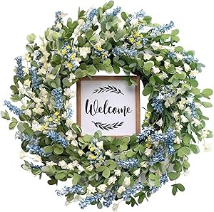 Artificial Blue Wreath for Front Door, 20 inch Artificial Leaves and White Flowers Wreath with We... | Amazon (US)