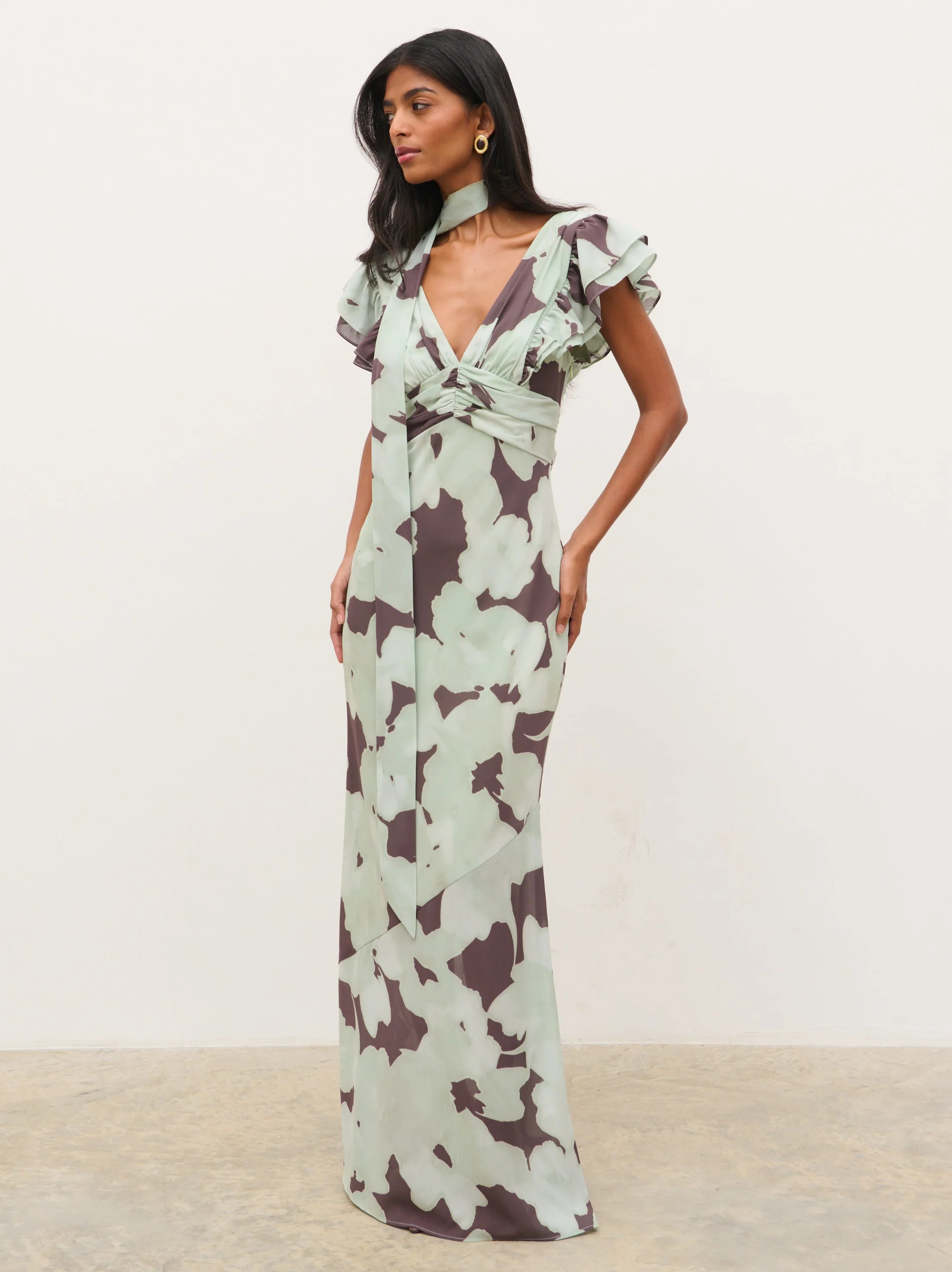 Andi V-Neck Frill Maxi Dress - Mint Watercolour Floral | Pretty Lavish (UK)
