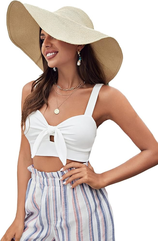 SheIn Women's Plain Ruffle Strap Knot Front Backless Cute Cami Crop Top Bralette | Amazon (US)