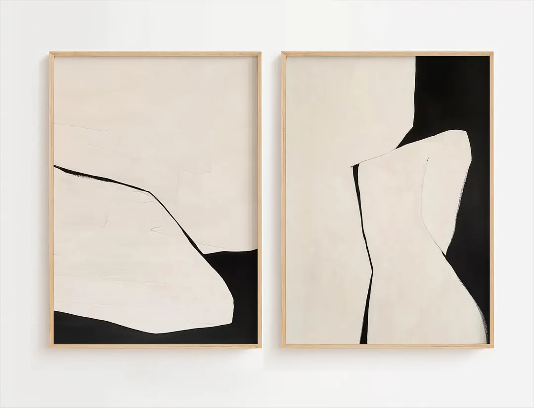 Japandi Minimalist Art Set of 2 | Modern Abstract Line Art | Neutral Decor for Living Room | Blac... | Etsy (US)