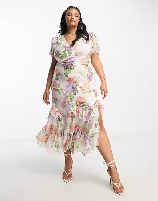 ASOS DESIGN Curve ruffle frill hem maxi dress in lurex rose print | ASOS (Global)