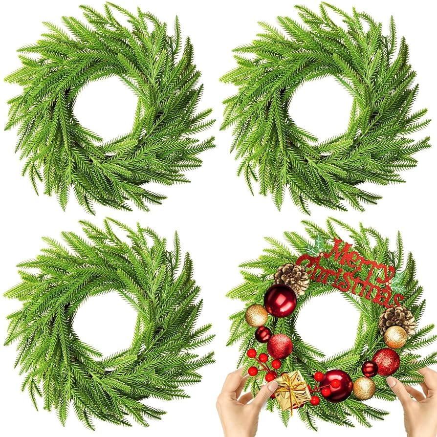 4 Pcs Christmas DIY Gree Wreath 10 Inch Green Artificial Wreaths DIY Faux Plain Wreaths Front Doo... | Amazon (US)