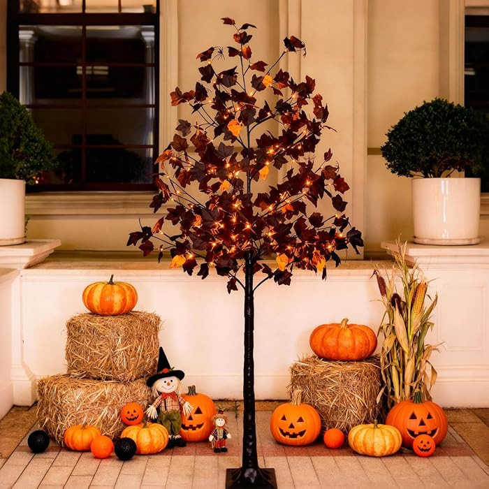 6ft Black Maple Halloween Tree with LED Skull Lights & Spiders | Amazon (US)