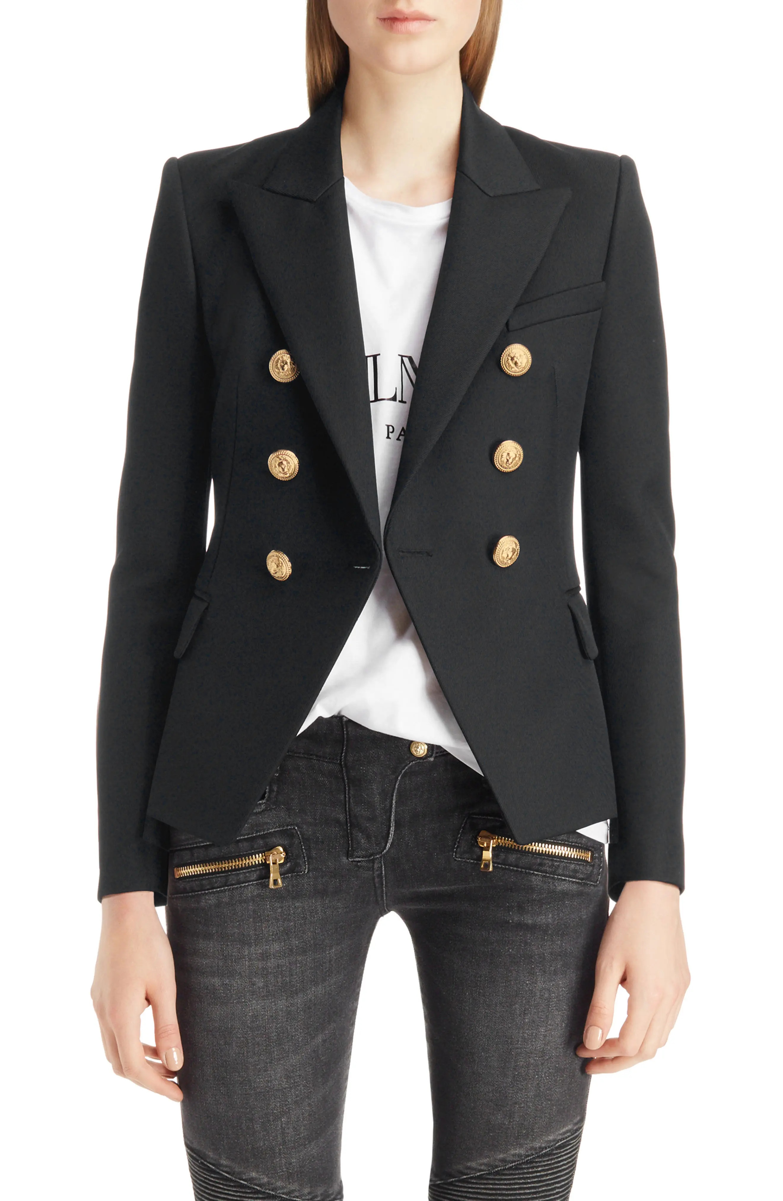 Balmain Double Breasted Wool Blazer in Noir Black at Nordstrom, Size 4 Us | Nordstrom