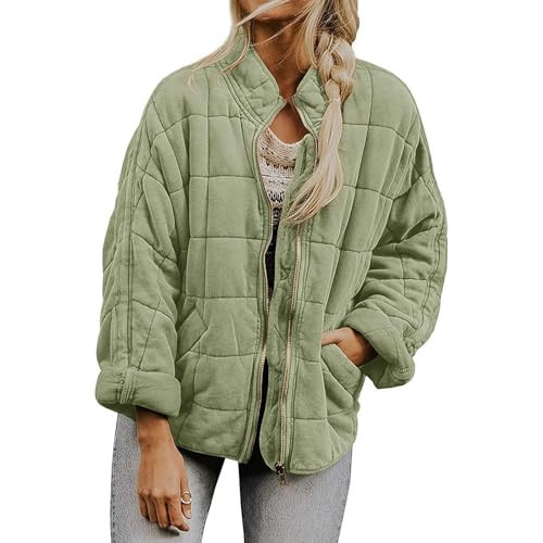 GSGXGGS Quilted Jackets for Women Zip Up Long Sleeve Jacket Coat Loose Fit Puffer Jackets Winter Warm Outwear with Pockets Green | Amazon (US)