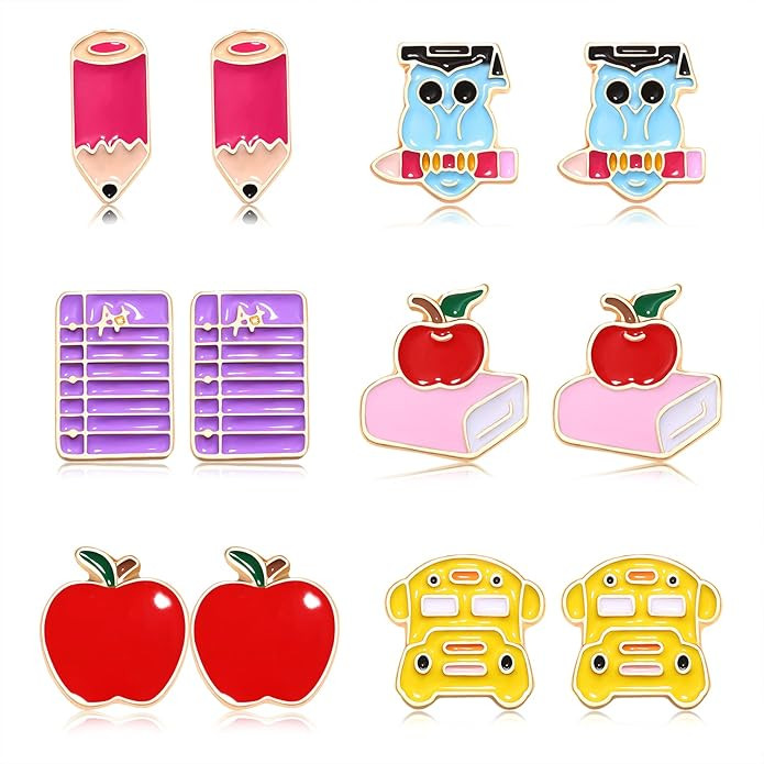 NLCAC 6/8 Pairs Teacher Stud Earrings for Women Colorful Enamel Apple Pencil Book Back To School ... | Amazon (US)