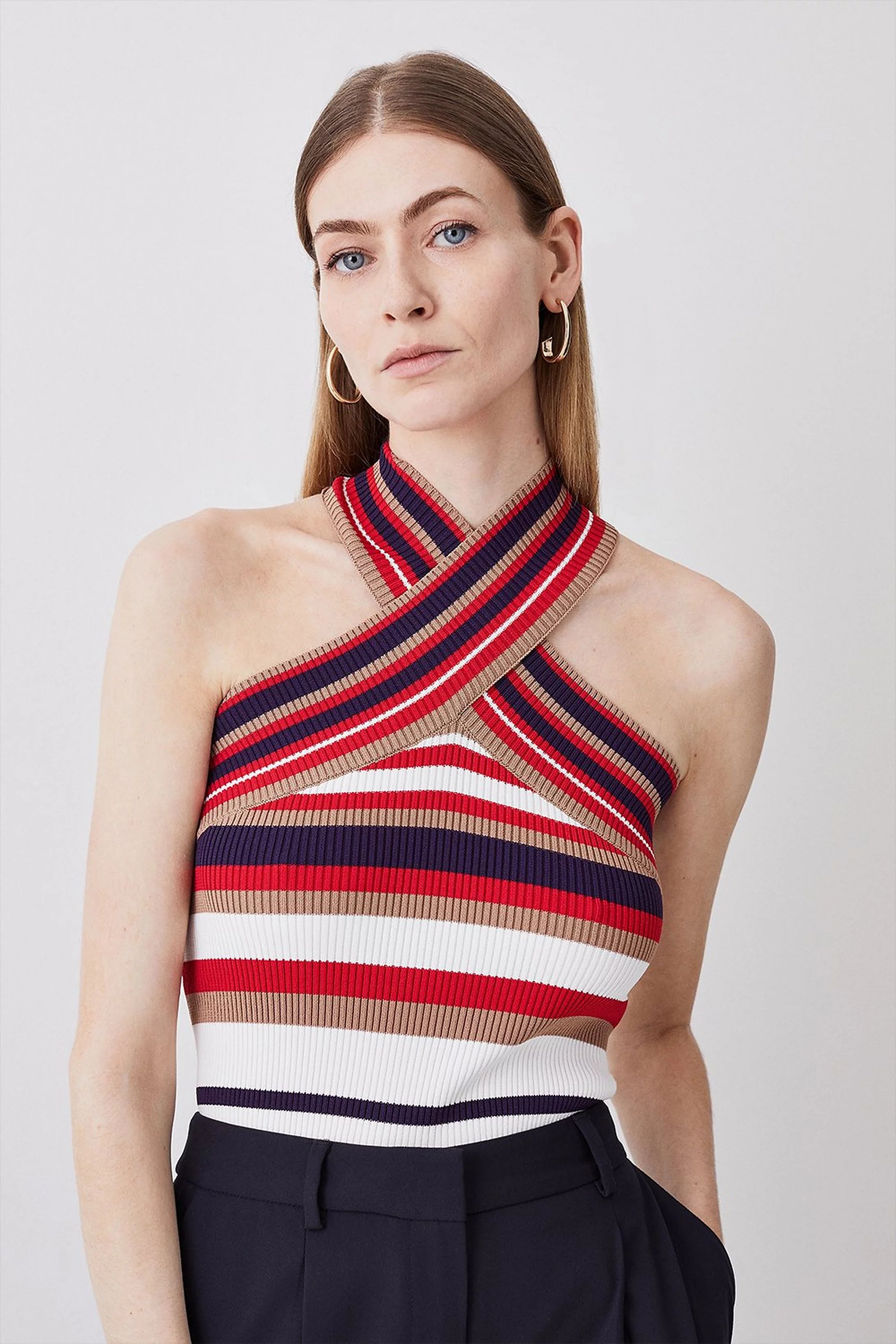 Cross Front Sleeveless Striped Rib Knit Top | Karen Millen US