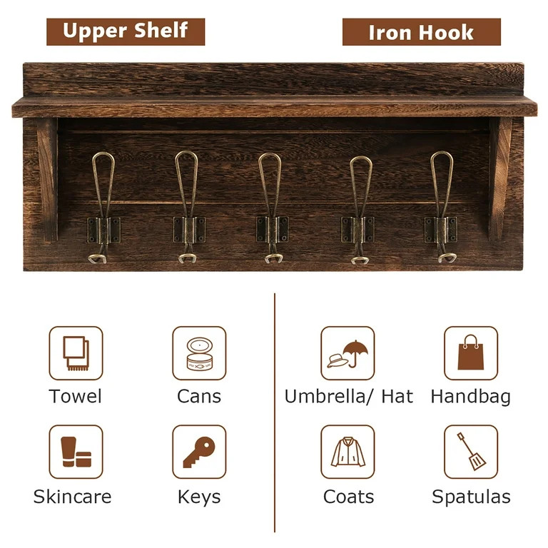 Costway Rustic Wooden Wall-Mounted Coat Rack Entryway Hanging Shelf w/5 Dual Hooks Brown | Walmart (US)
