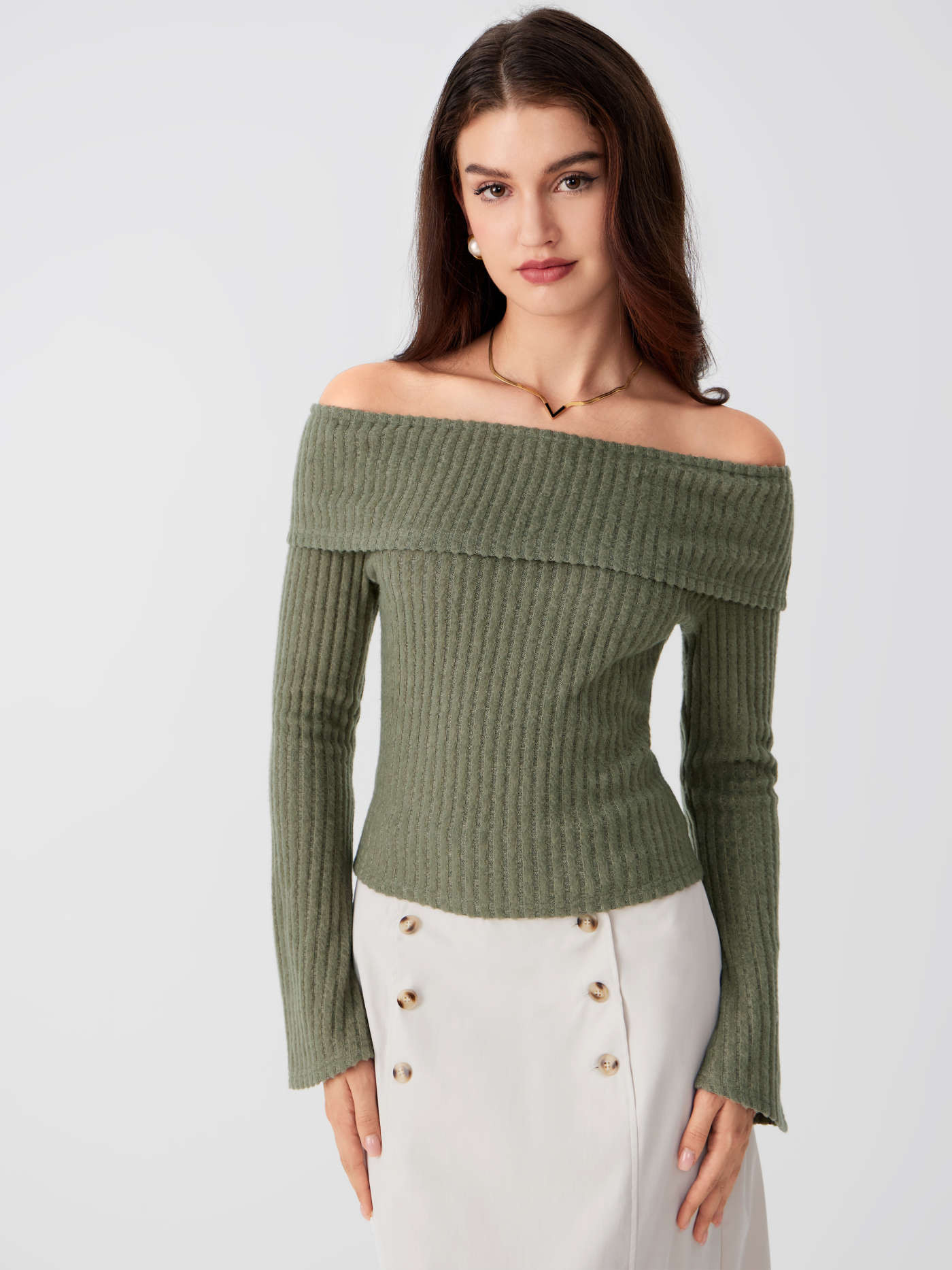 City Chic Knit Fabric Off-shoulder Solid Long Sleeve Top For Daily Casual Coffee Shop Work | Cider