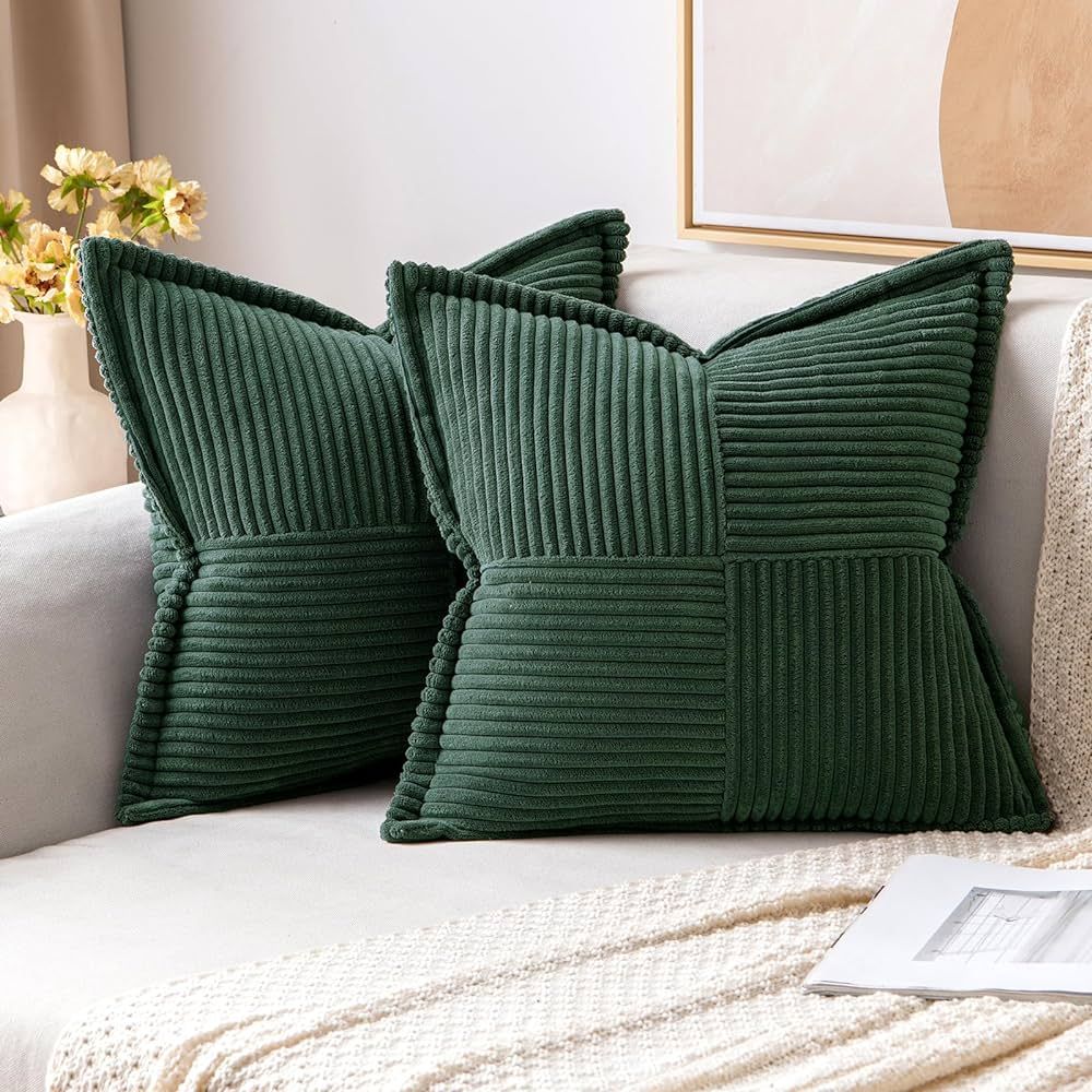 Amazon.com: MIULEE Dark Green Corduroy Pillow Covers with Splicing Set of 2 Super Soft Boho Strip... | Amazon (US)