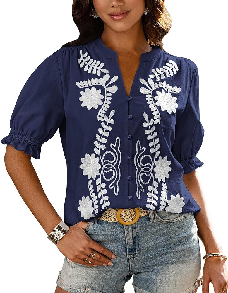BTFBM Women's 2026 Spring Tops Casual Floral Boho V Neck Puff Short Sleeve Button Down Shirts Emb... | Amazon (US)